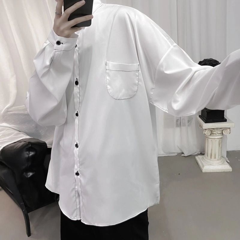 Camicia casual da uomo a maniche lunghe tinta unita - Vestibilità ampia, alla moda autunnale, per giovani e capispalla alla moda_voghion.com