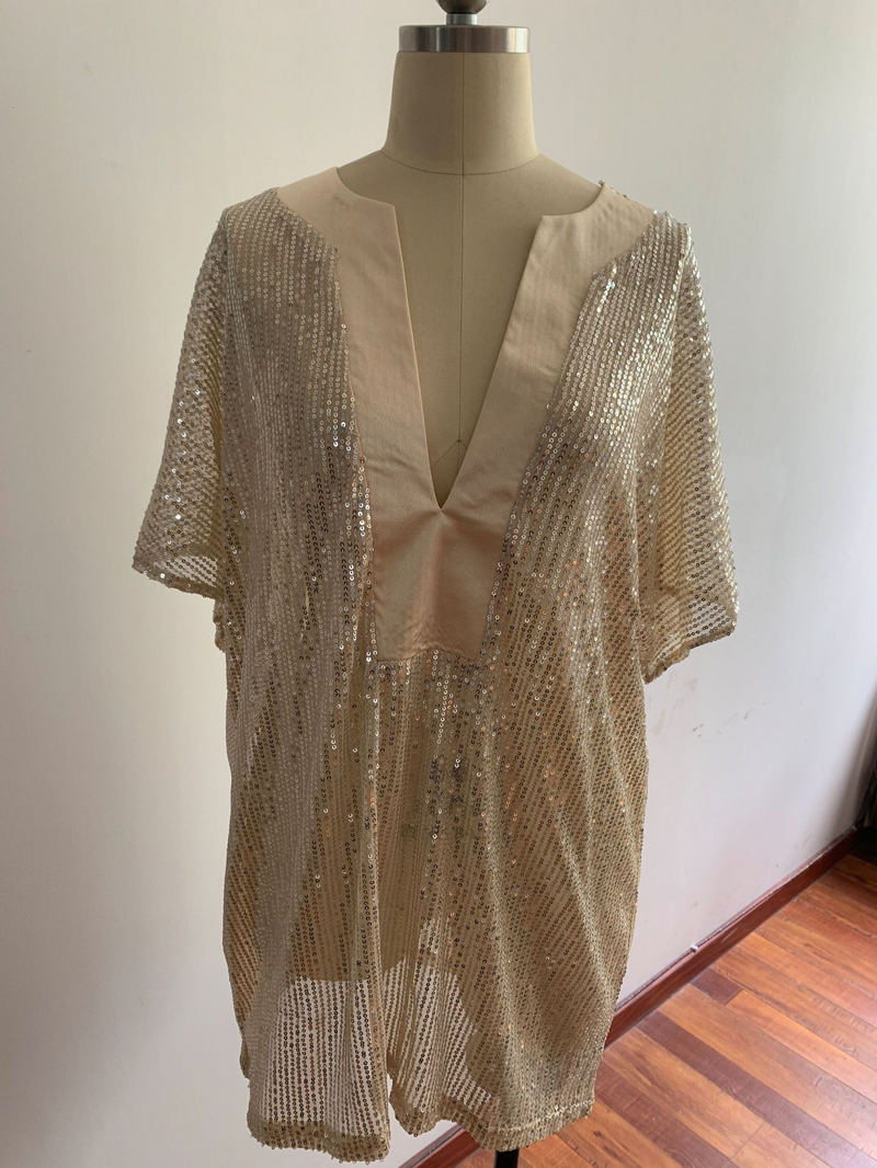 Women's new loose sequined V-neck short-sleeved casual shirt_voghion.com