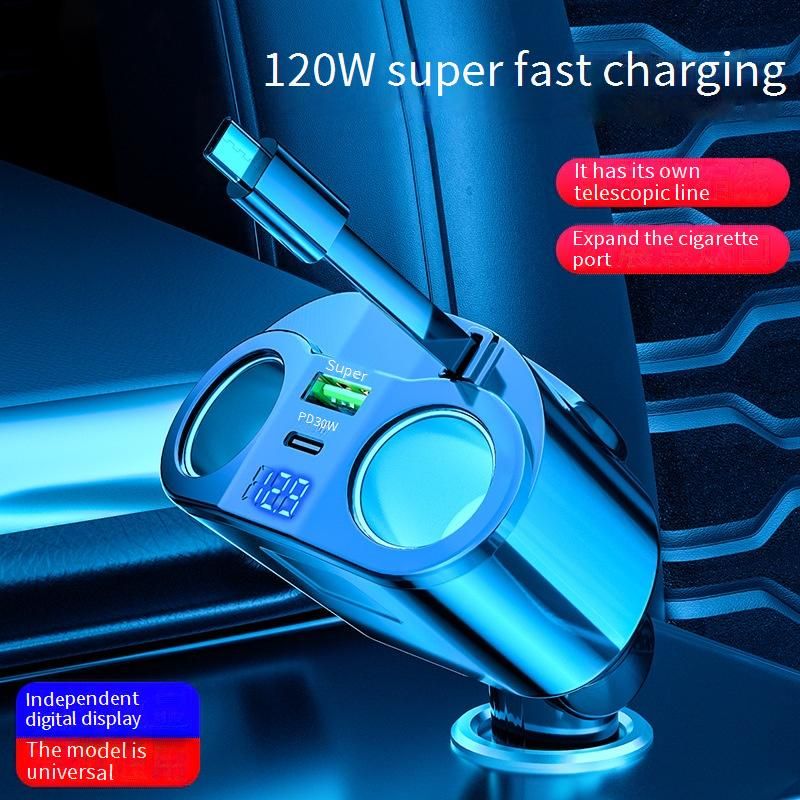 XAYVG 240W Super Fast Car Charger, 4-in-1 Retractable USB-C PD Charger Adapter With Dual Cigarette Lighter Ports, Compatible_voghion.com