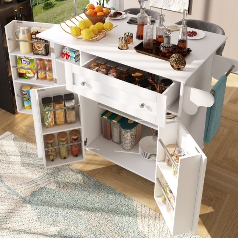 Küchenwagen, Herausnehmbarer Speisewagen Mit Klappbarer Tischplatte, Schranktür Mit Snack-Regal, Verstellbare Trennwände, 1 Schublade, 4 Räder (2 Feststellbar), Weiß (105,5*40-60*83cm)_voghion.com