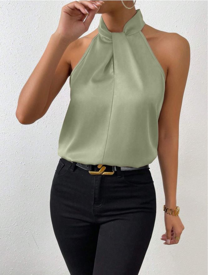 Camicia da donna con scollo all'americana, senza maniche, in raso e seta sintetica_voghion.com