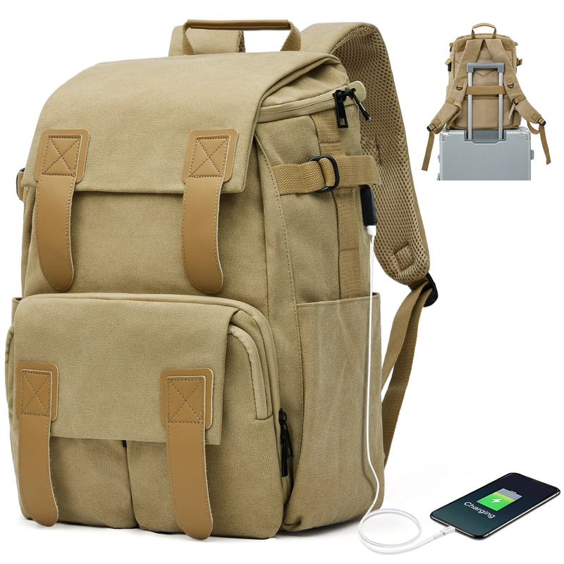 Canvas Vintage Casual Bookbag für Männer und Frauen Leichter Tagesrucksack Studentenrucksack Reiserucksack mit USB_voghion.com