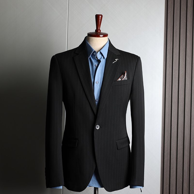 Dreiteiliges Slim Fit-Set mit blau gestreiftem Anzug für Herren, Smoking für formelle Hochzeiten, Blazer und Hose fürs Büro, maßgeschneiderter Anzug im koreanischen Stil_voghion.com