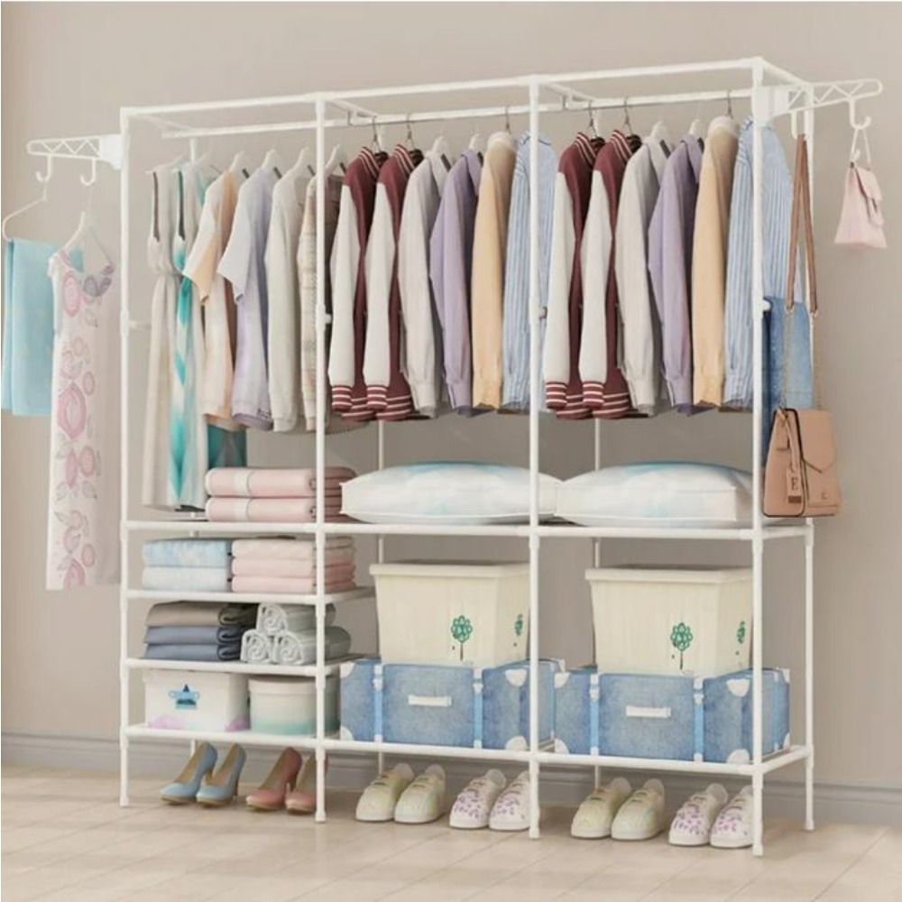 67×65×13.7 In Spacious Triple - Row Black/White Metal Clothes Rack With Drying Area - Stylish Floor - Standing Organizer For Bedroom, With Shoe & Accessory Space, Made Of Durable Plastic_voghion.com