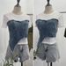 Damenbekleidung Real Shot Denim Splicing Mesh Kurzarm-T-Shirt Sommer Modisches unregelmäßiges kurzes Slim Fit-Oberteil mit hoher Taille_voghion.com