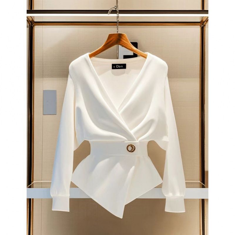 Vêtements pour femmes Tenue de début d'automne Hauts de tempérament haut de gamme de luxe léger Design à la mode et élégant Chemise blanche à manches longues_voghion.com
