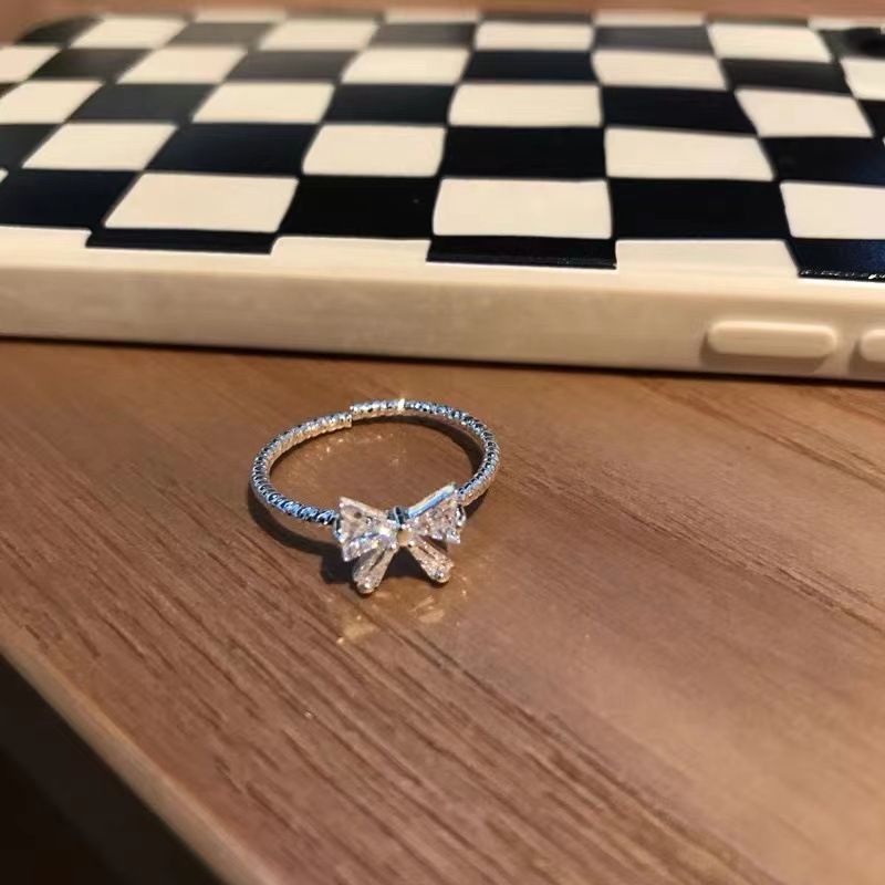 "Time Princess" girlish all-match sweet temperament silver bow open ring adjustable ring_voghion.com