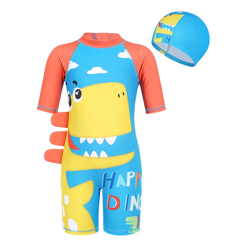 Mother & Kids European and American children's swimwear summer dinosaur cartoon print swimsuit suit boy surfing suit short-sleeved one-piece swimsuit_voghion.com