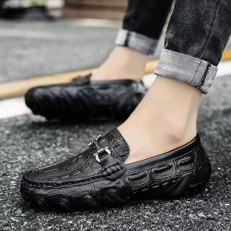 New Crocodile Pattern Bean Genuine Soft Sole, One Step, Korean Edition Trendy and Fashionable Men's Casual Leather_voghion.com