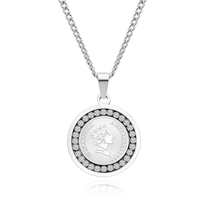 Men And Women's Jewelry Round Plate Inlaid Zircon Necklace Personalized Titanium Steel Non Fading Pendant Virgin Mary Pendant_voghion.com