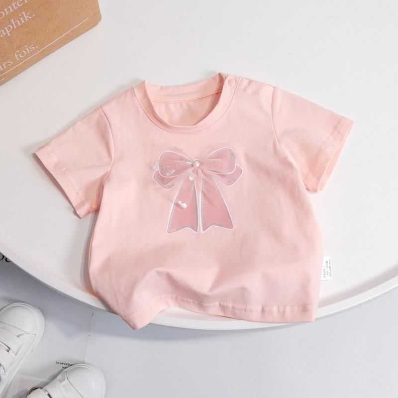 Baby Clothing Children's summer short sleeve candy color fashion simple bow small children short sleeve sweet T-shirt_voghion.com