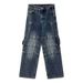 Herrenbekleidung, gewaschene, abgenutzte, besprühte Affenriemen, verzierte Jeans, Unisex-Modemarke, lockere Hose mit weitem Bein_voghion.com
