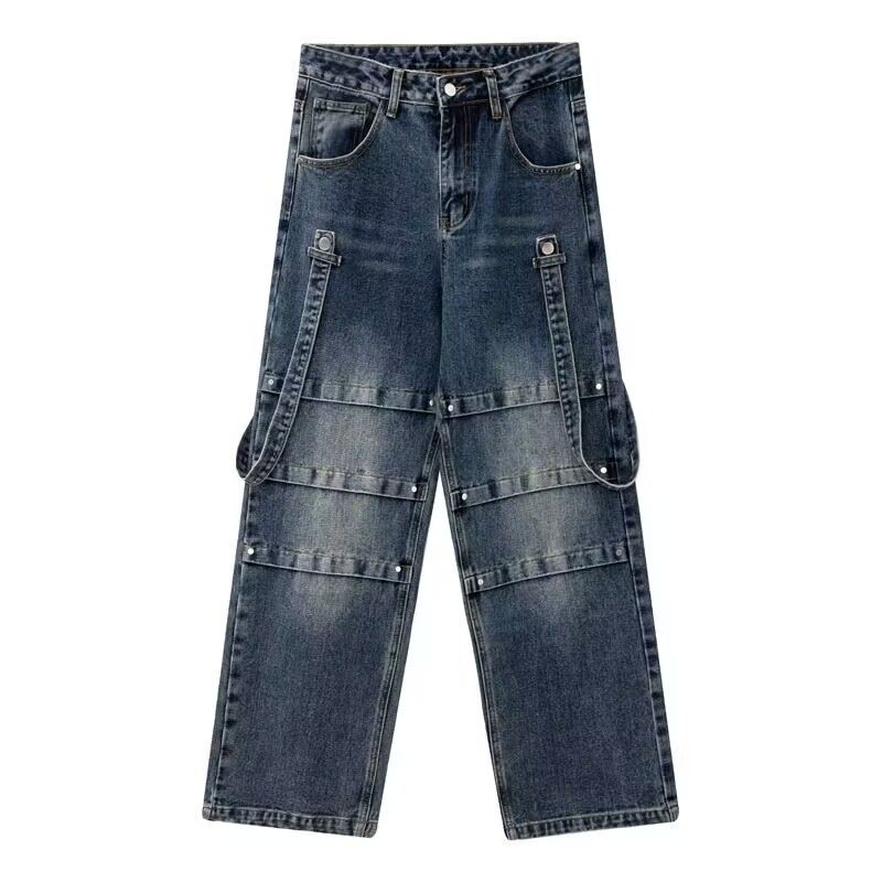 Men's Clothing washed distressed sprayed monkey straps decorated jeans unisex fashion brand loose wide leg trousers_voghion.com