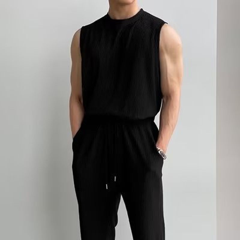 Men's Ice Silk Sports Suit Vest Sleeveless t-Shirt Handsome Men's Sportswear Two-Piece Suit_voghion.com