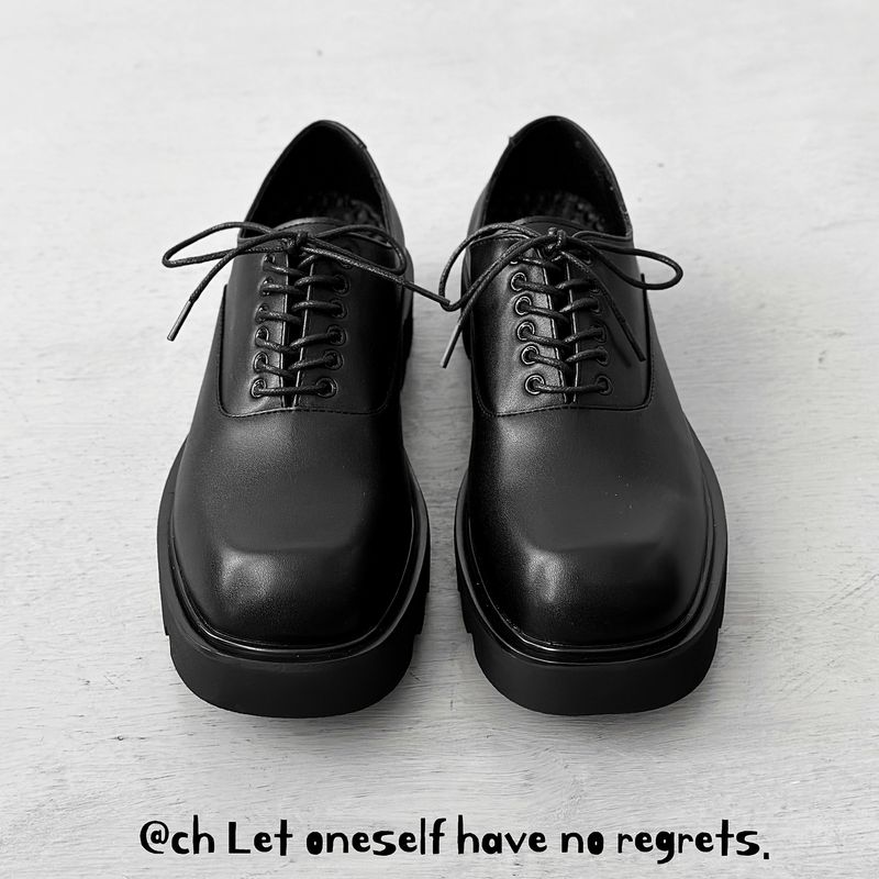 Square Toe Leather High-end Thick Soles, Korean Version Niche Design, Black Loafers For Men With High Height Derby Shoes_voghion.com