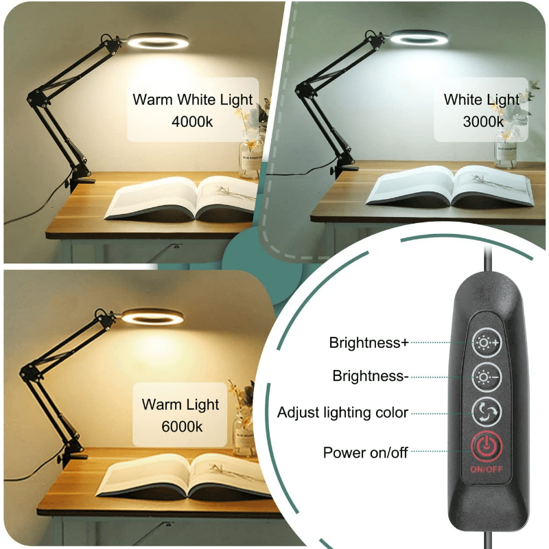 Dimmable LED Desk Lamp with 5X Magnifier Glass and Swing - Flexible Clamp-on Design with 3 Color Modes for Illuminated Reading and Crafting_voghion.com