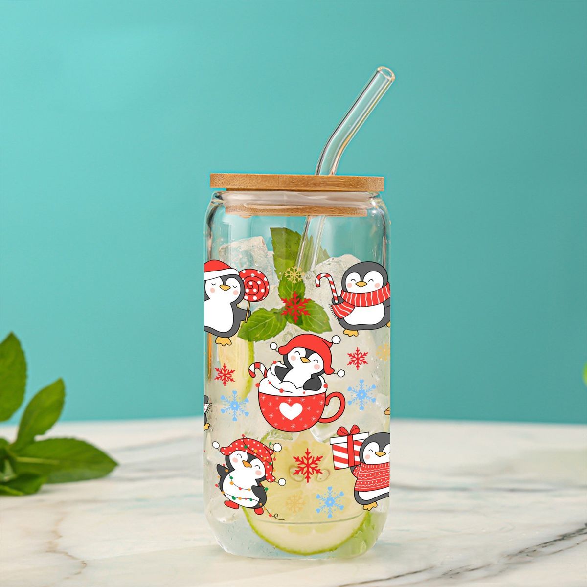 Tazza in vetro borosilicato di alta qualità con coperchio in bambù e cannuccia - Set regalo estetico a tema natalizio da 16 once per caffè, bibite, succhi_voghion.com