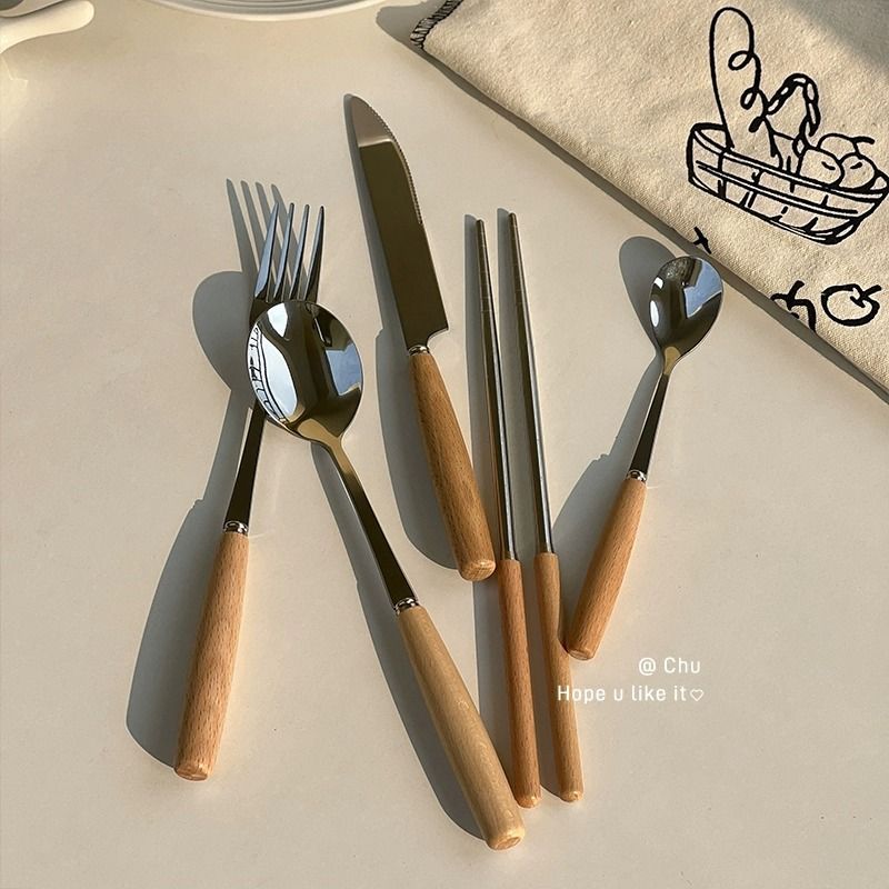 Conjunto de quatro peças de utensílios de mesa INS, faca simples, garfo, hashis, aço inoxidável, cabo de madeira, alto valor, colher de sobremesa para massas_voghion.com