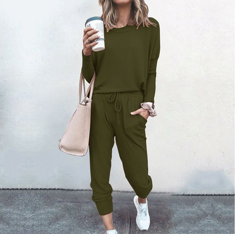Women's round neck solid color T-shirt base casual pants suit_voghion.com