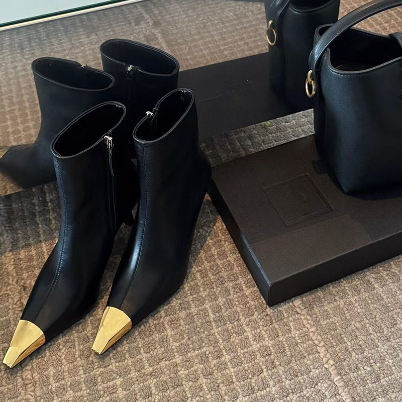 24X1 New 2024 Metal Small Square Toe Slim Heel High-Heeled Shoes Versatile, Fashionable And Comfortable, Side Zipper_voghion.com