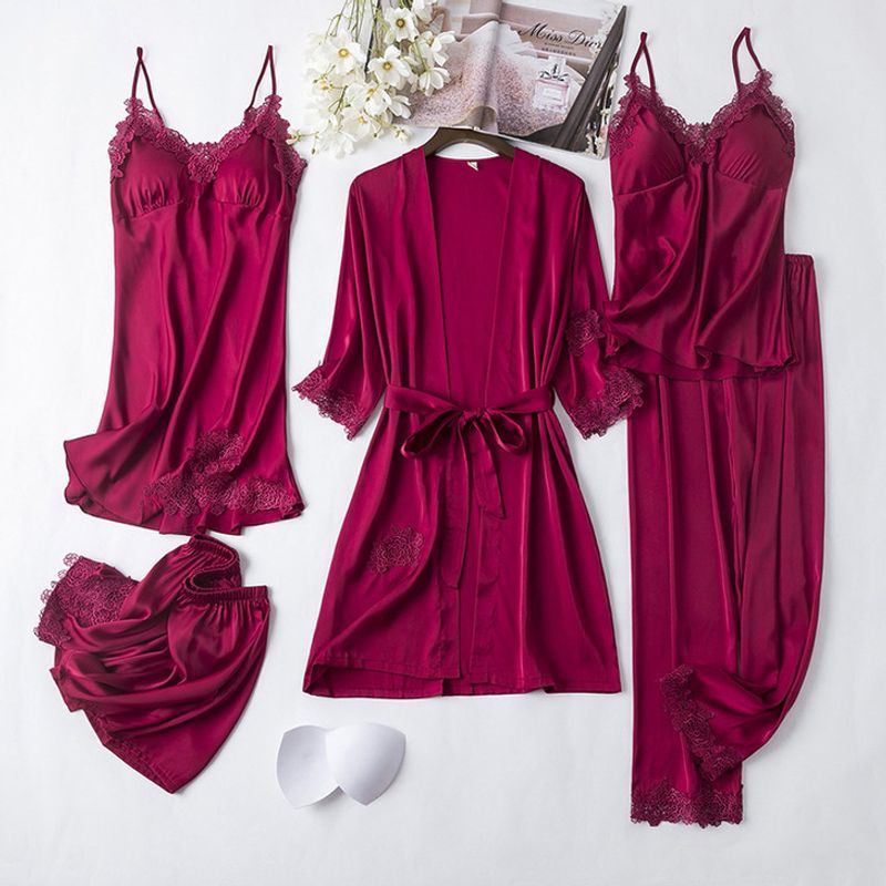 Women's Sleepwears spring and autumn ice silk long sleeved nightgown five piece set pure desire style v neck suspender nightgown with chest pad set_voghion.com