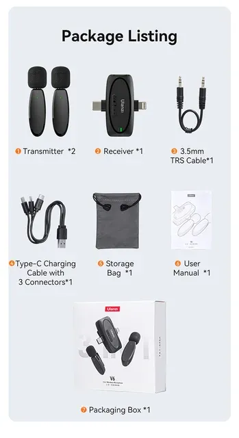 Ulanzi V6 2.4G 3 in 1 Wireless Lavalier Microphone Ligh Type-C 3.5mm Ports For iPhone 15 Android Camera Laptop_voghion.com