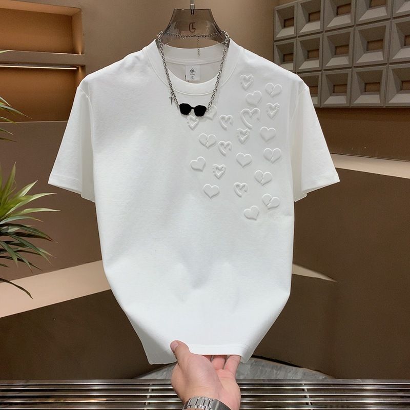 Three Dimensional Steel Print Love Round Neck Short Sleeved T Shirt Men's Summer Casual Slim Half Sleeved T Shirt_voghion.com