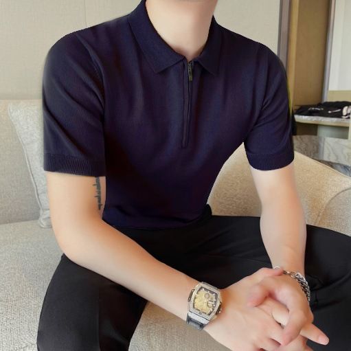 Men's Clothing Half Zipper Lapel Knitted Shirt Short Sleeve Fashion Slim Ice Silk Collar T Shirt_voghion.com