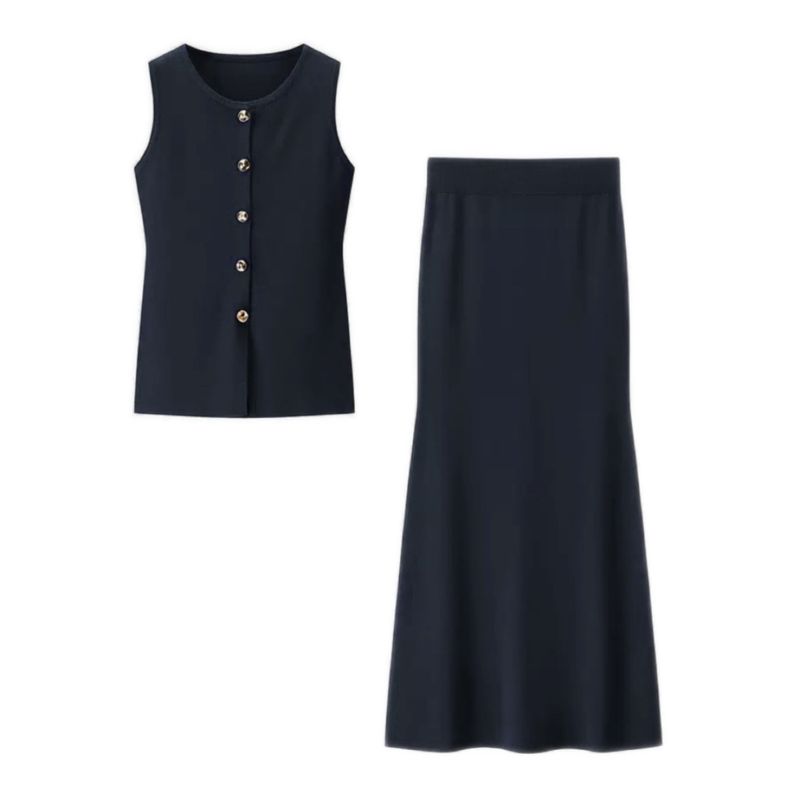 Damenbekleidung Sommermode Schlanke Weste Einfarbig Schlanke Hüfte Zweiteiliger Strickanzug mit langem Rock_voghion.com
