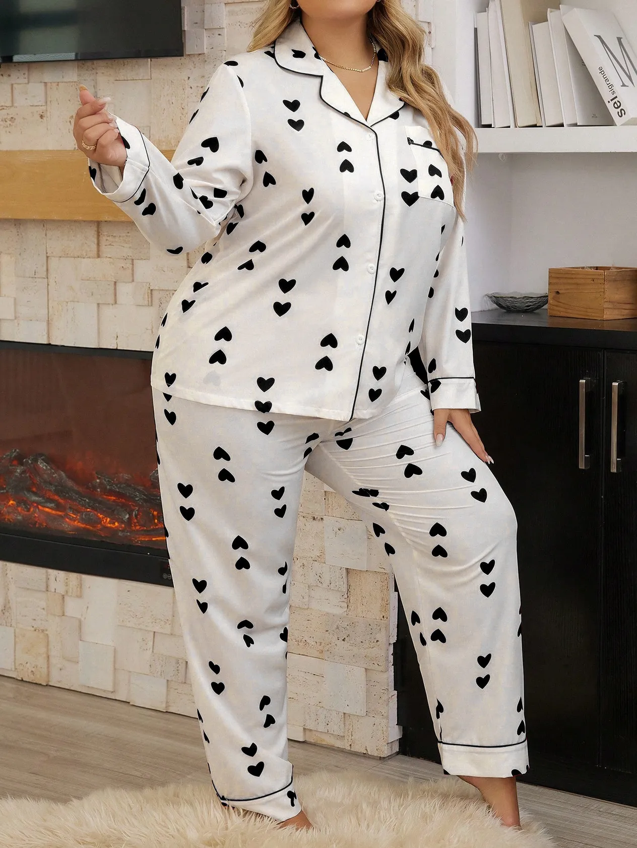 Large pajamas, new waffle style cardigan, long sleeved pants, heart-shaped sweet home suit set, can be worn outside_voghion.com