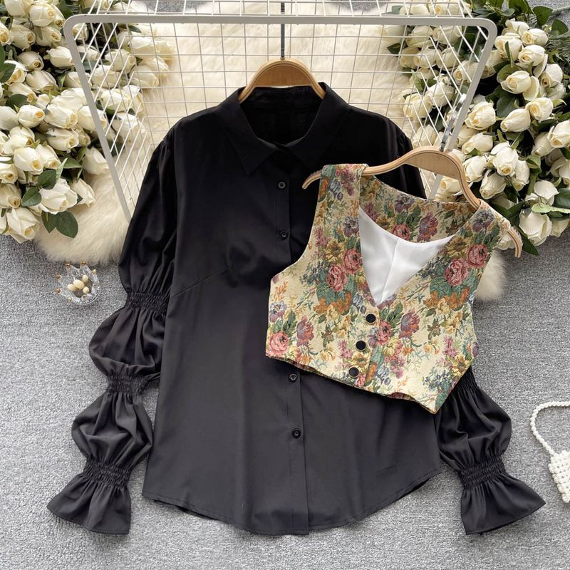 Women's Clothing French retro oil painting printed vest + inner wear medium length pleated puff sleeve white shirt women's two piece suit_voghion.com