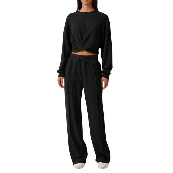 New Spring Summer Pants Set Women's 2-Piece Sportswear Front Fold Sweatshirt Wide-Leg Drawstring_voghion.com