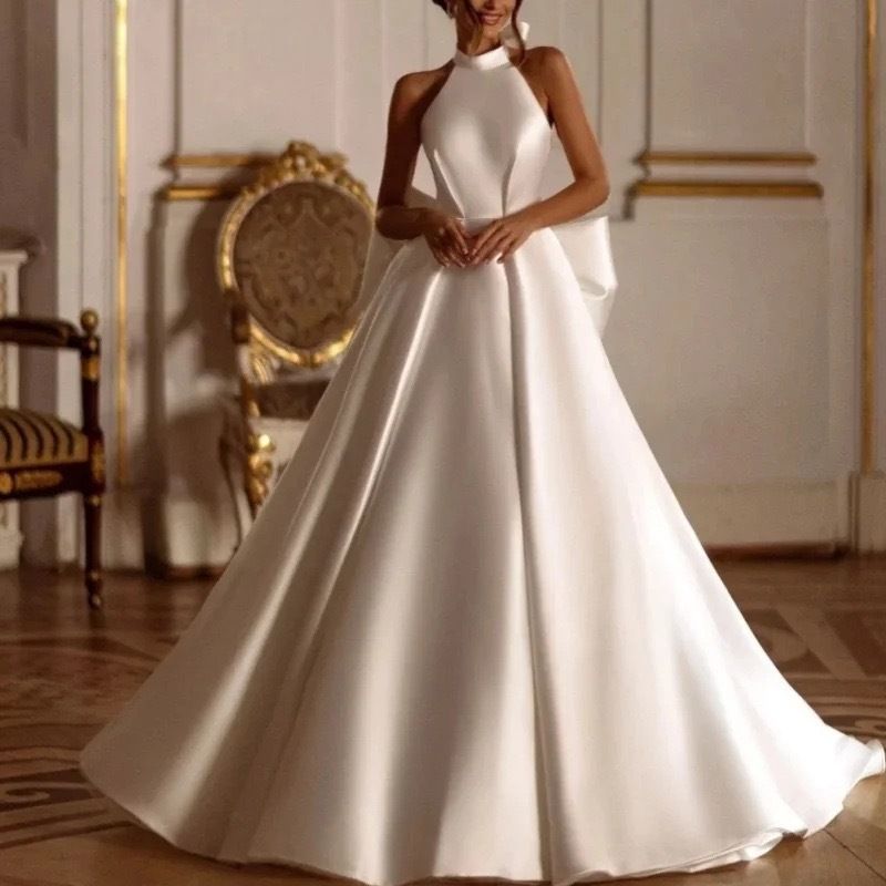 Îmbrăcăminte de damă rochie de mireasă din satin de lux ușoară, de lux, mireasă simplă, sexy, cu fantă în față, din voal, rochie de seară clasică cu gât halter_voghion.com