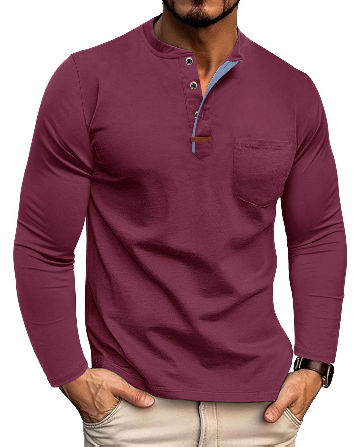 Maglietta Henley a maniche lunghe da uomo - Misto cotone traspirante, t-shirt casual con scollo rotondo e design a blocchi di colore per l'uso quotidiano_voghion.com