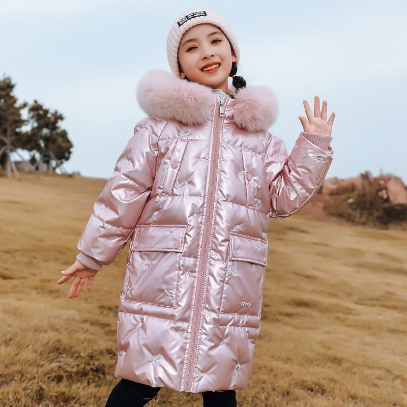 Kids’ Shiny Down Jacket – Long Winter Coat (Pink/White, Sizes 120-160cm, 50%-55% White Duck Down, Easy-Clean Shell, Korean Style_voghion.com