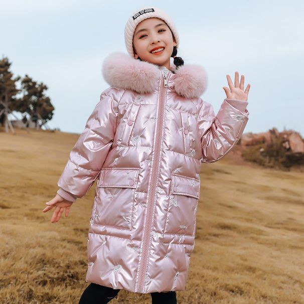 Kids’ Shiny Down Jacket – Long Winter Coat (Pink/White, Sizes 120-160cm, 50%-55% White Duck Down, Easy-Clean Shell, Korean Style_voghion.com