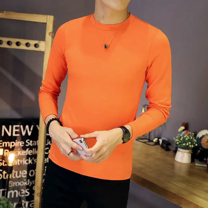 T-shirt à manches longues polyvalent automne, couleur unie coupe ajustée col rond couche intérieure avec base pour homme, t508-p35_voghion.com