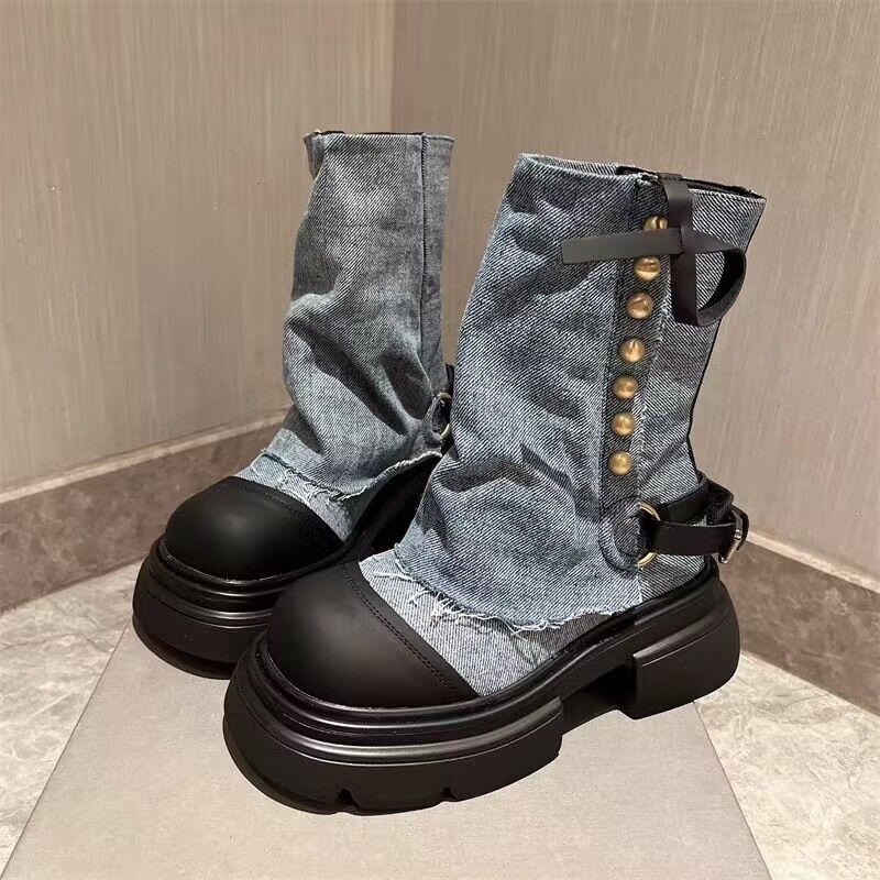 p9/Stivali Martin da donna, stivali corti in denim, rivetti, stivali in due pezzi stile ragazza calda, suole spesse, stivali rialzati per persone piccole, donne_voghion.com
