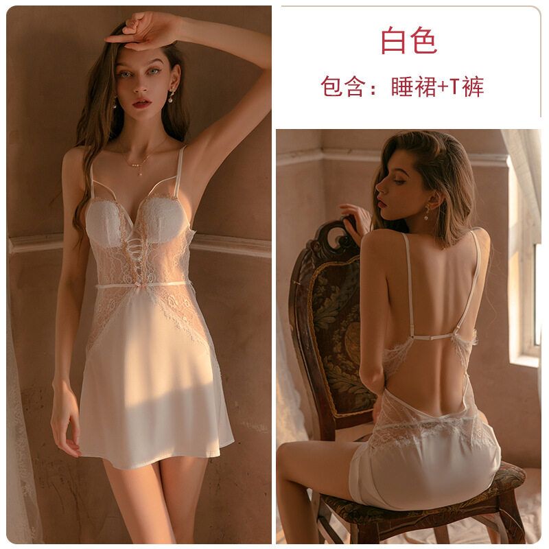 Camisón de encaje sexy para mujer, transparente, tentador, sin espalda, con tirantes, camisón sexy con tanga, corto para mujer_voghion.com