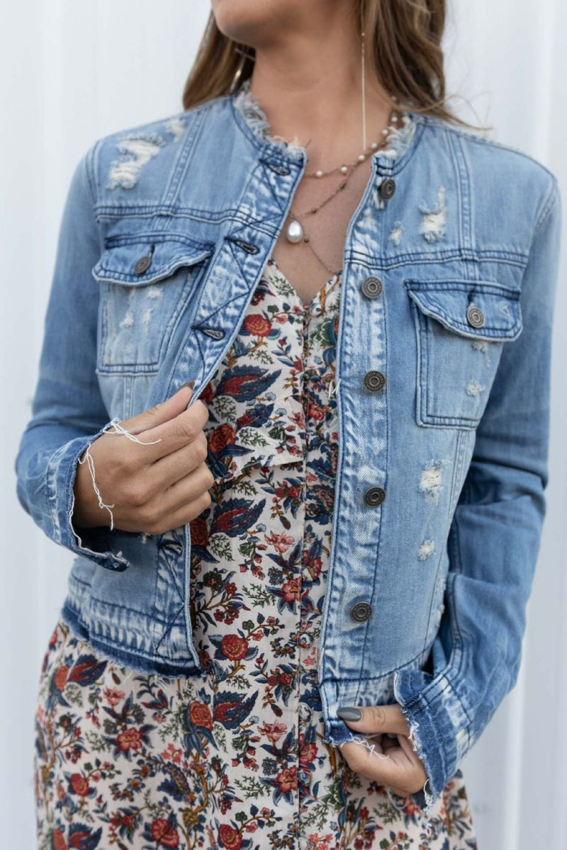 Damenbekleidung Kurze Langarm Retro Arbeitskleidung Multi Pocket Jeansjacke Damen_voghion.com