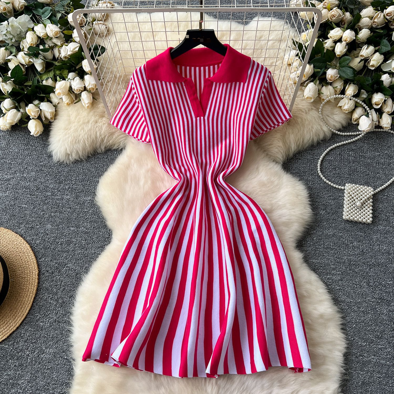 Women's Clothing Foreign trade French contrast retro lapel  short sleeve striped knitted dress Women's waist temperament slim A line short skirt_voghion.com