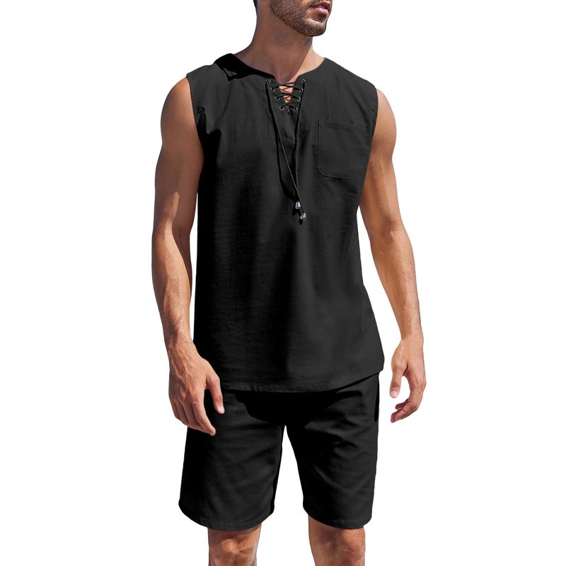 2024 Außenhandel Herren Weste Shorts Hemd Spitze Mode einfarbig Baumwolle und Leinen Anzug_voghion.com