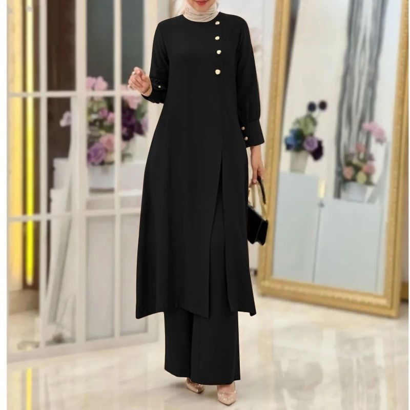 Vêtements pour femmes Vêtements pour femmes musulmanes Costume deux pièces à la mode et élégant Couleur unie Fente latérale Chemise longue Pantalon à jambe large Robe_voghion.com