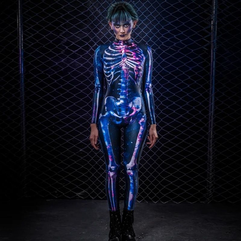 Halloween ball skrekkkostyme cosplay skjelettkostyme menneskelig skjelett strømpebukser jumpsuit_voghion.com