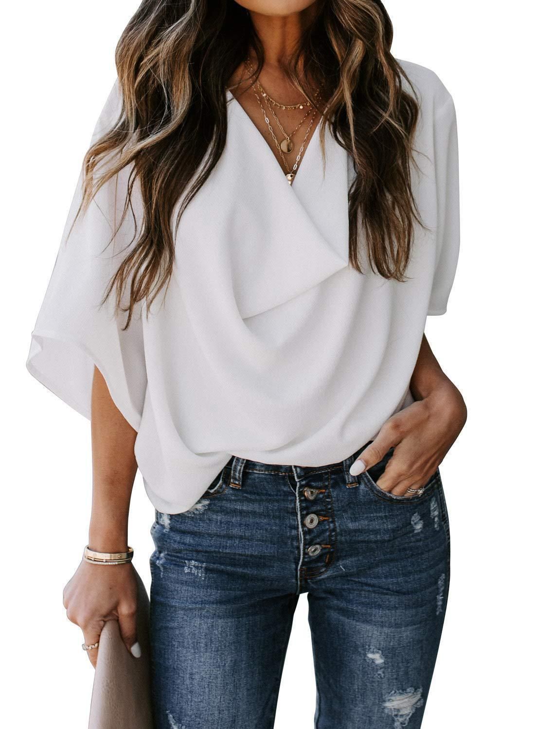 2025 New Chiffon Shirt Loose V-neck Casual Top T-shirt Women's Fashion_voghion.com