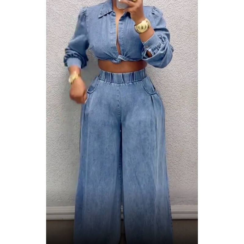 Traje de pantalón de mezclilla de manga larga sexy para mujer_voghion.com