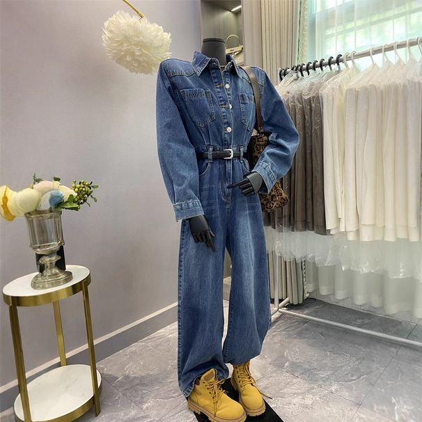 "Tuta in denim utility da donna – Tuta da lavoro oversize con vita alta e gamba dritta (blu, misto poliestere e cotone, design con tasche applicate)"_voghion.com