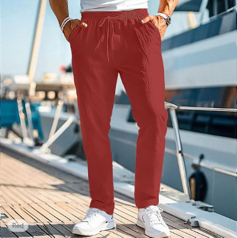 Pantaloni casual da uomo in lino e cotone, traspiranti, a gamba dritta, per primavera/autunno, leggeri e comodi, con vestibilità elasticizzata (S-5XL, vari colori)_voghion.com