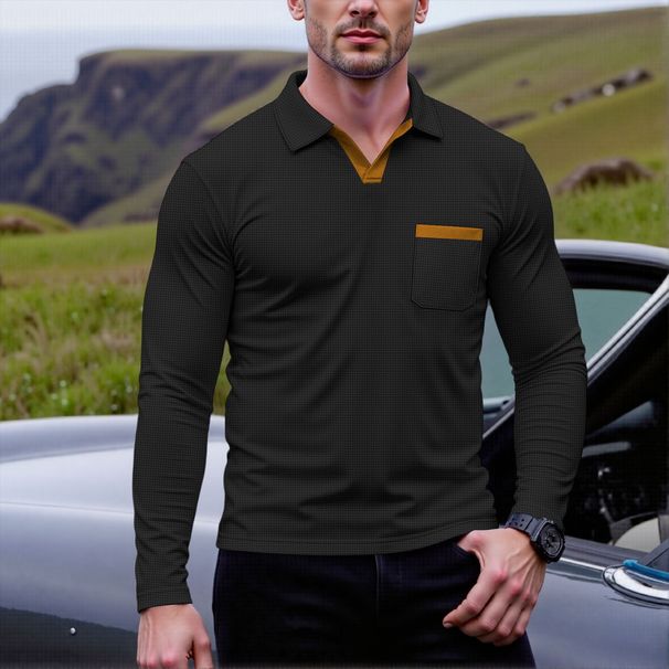 Herrenbekleidung Lässiges T-Shirt mit Waffelmuster, einfarbig, Reverstasche, langärmliges Oberteil_voghion.com