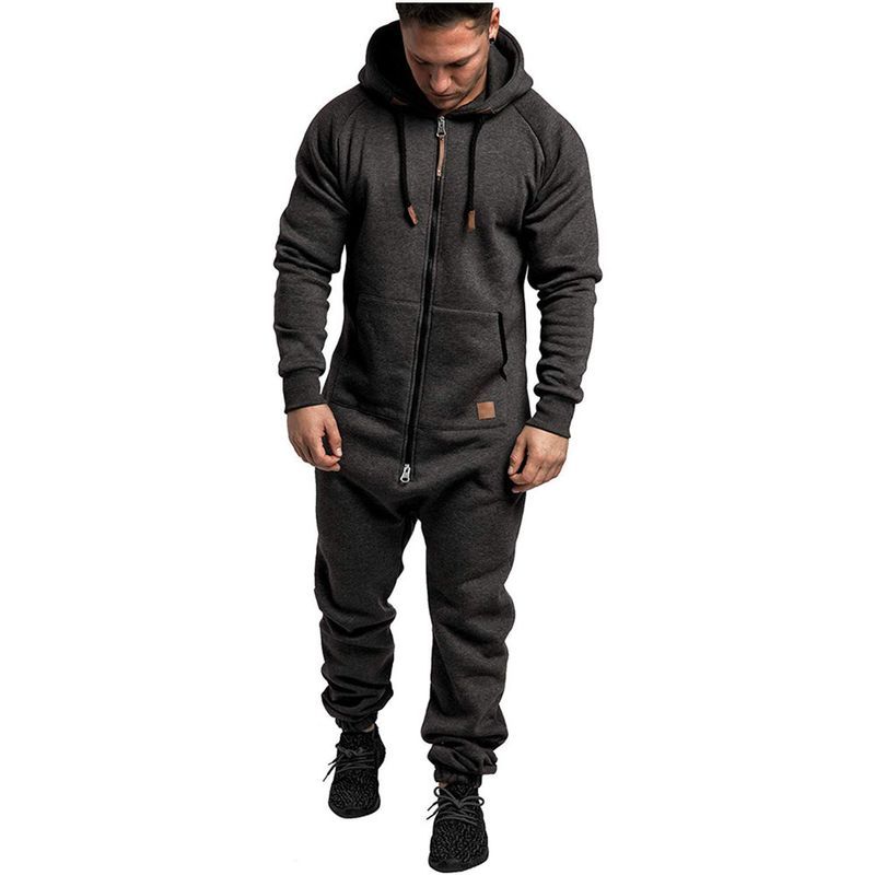 Nieuwe fleece herenjumpsuit met capuchon, effen en kleurblokken, casual pak voor heren_voghion.com